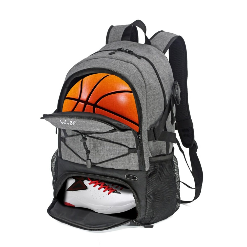 WOLT | Basketball Backpack Large Sports Bag with Separate Ball Holder & Shoes Compartment, Gifts for Basketball, Soccer, Volleyball, Swim, Gym, Travel(Grey)