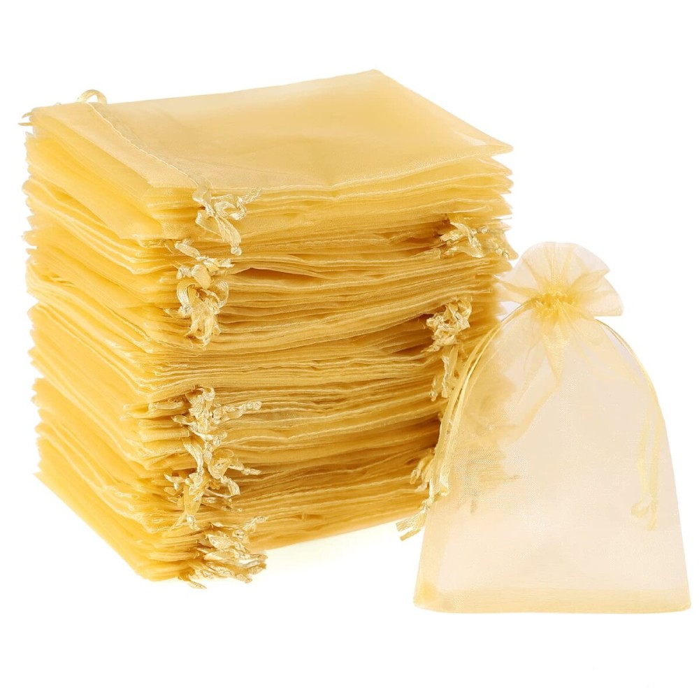 WenTao 100PCS Gold Organza Bags. 4X6 Candy Mesh Drawstring Favor Bags Jewelry Pouches for Christmas, Wedding Party, Thanksgiving, Valentines Day Small Gift Bags