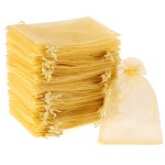 WenTao 100PCS Gold Organza Bags. 4X6 Candy Mesh Drawstring Favor Bags Jewelry Pouches for Christmas, Wedding Party, Thanksgiving, Valentines Day Small Gift Bags