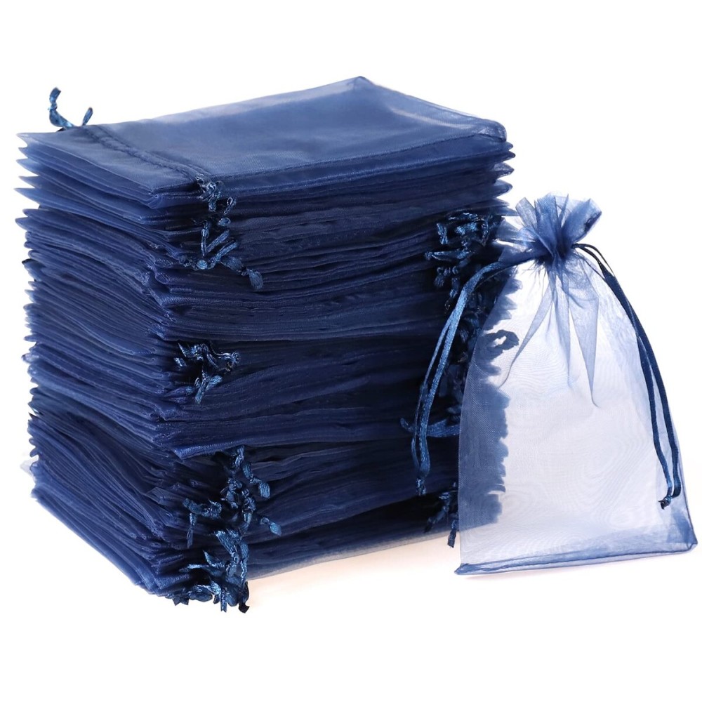 100PCS Organza Gift Bags, 4x6 Wedding Favors Gift Drawstring Bags, Navy Mesh Bags for Christmas, Thanksgiving, Valentines Day Display Drawstring Pouches, Bathroom Soaps, Makeup Organza Favor Bags