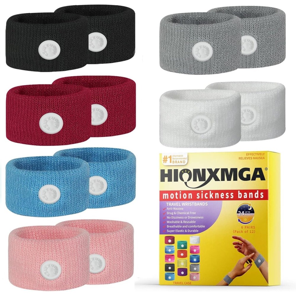 HIONXMGA 6 Pairs Motion Sickness Bands - Natural Anti Nausea Acupressure Wristbands for Morning & Motion Sickness Relief - Ideal for Car, Cruise & Flight Travel - for Adults and Kids