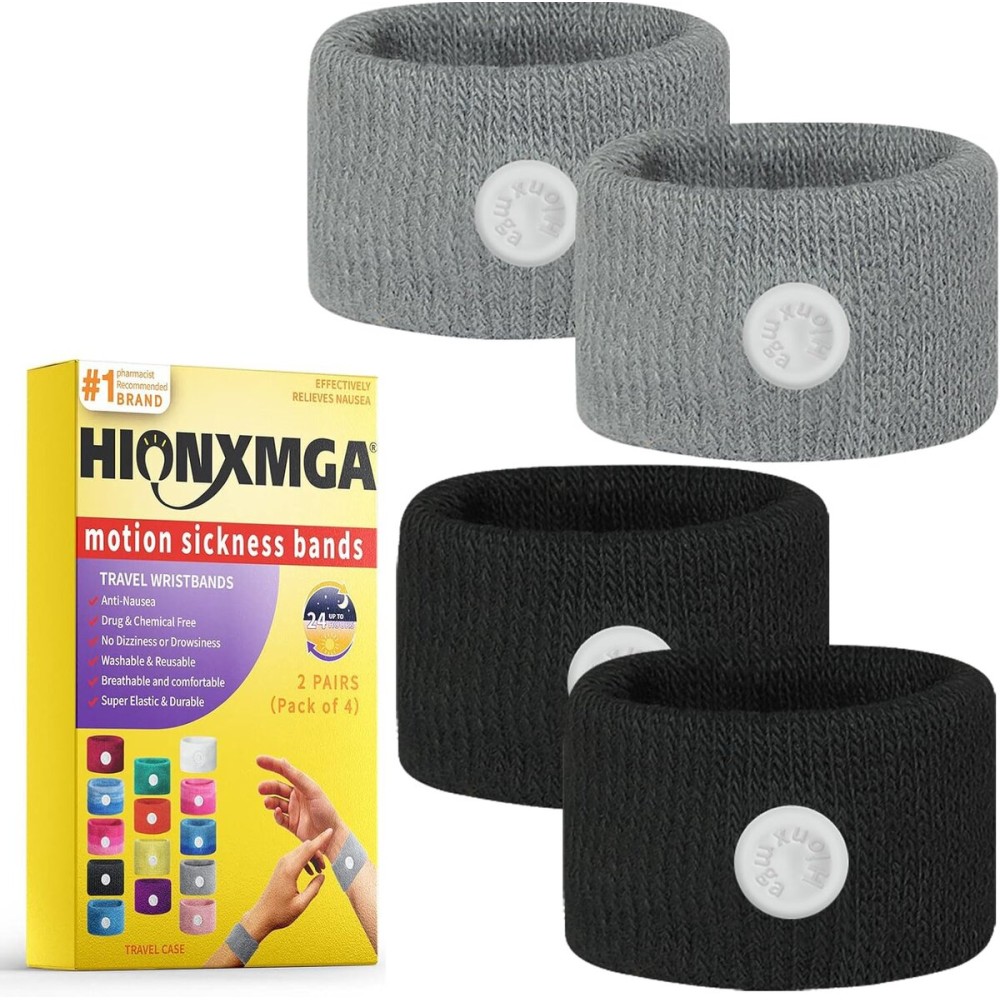 HIONXMGA 2 Pairs Motion Sickness Bands - Natural Anti Nausea Acupressure Wristbands for Morning & Motion Sickness Relief - Ideal for Car, Cruise & Flight Travel - for Adults and Kids