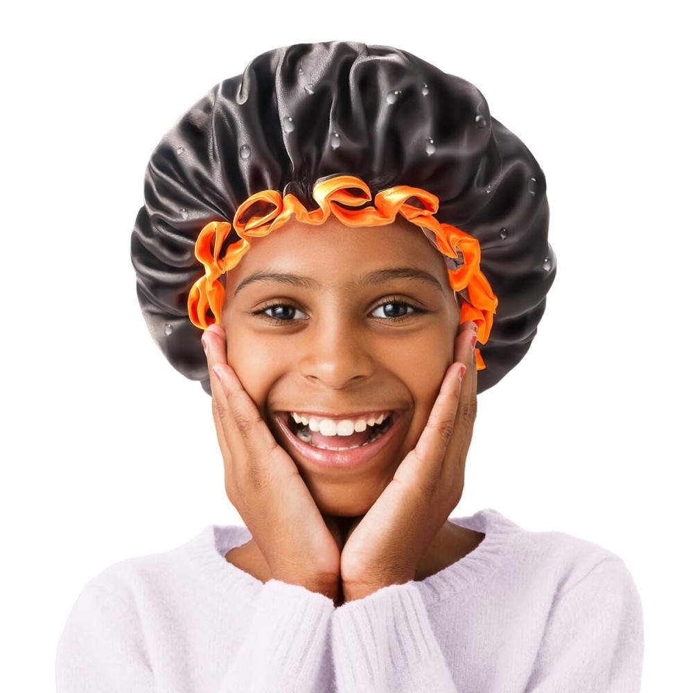mikimini Small Black Shower Caps Pack of 2 for Kid, Double Layers Waterproof Bathing Hair Cap with Reusable Soft Comfortable PEVA Lining, Cute, Non-fading & Stretchy Shower Hat Small Pack of 2, Black + Orange