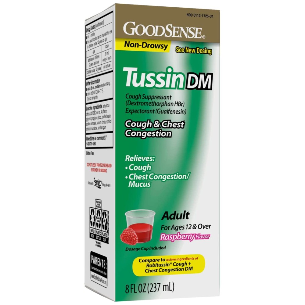 GoodSense Tussin Cough Syrup DM, Raspberry Flavor, Effective Relief for Cough and Chest Congestion, Thins Mucus, 8 Fl Oz