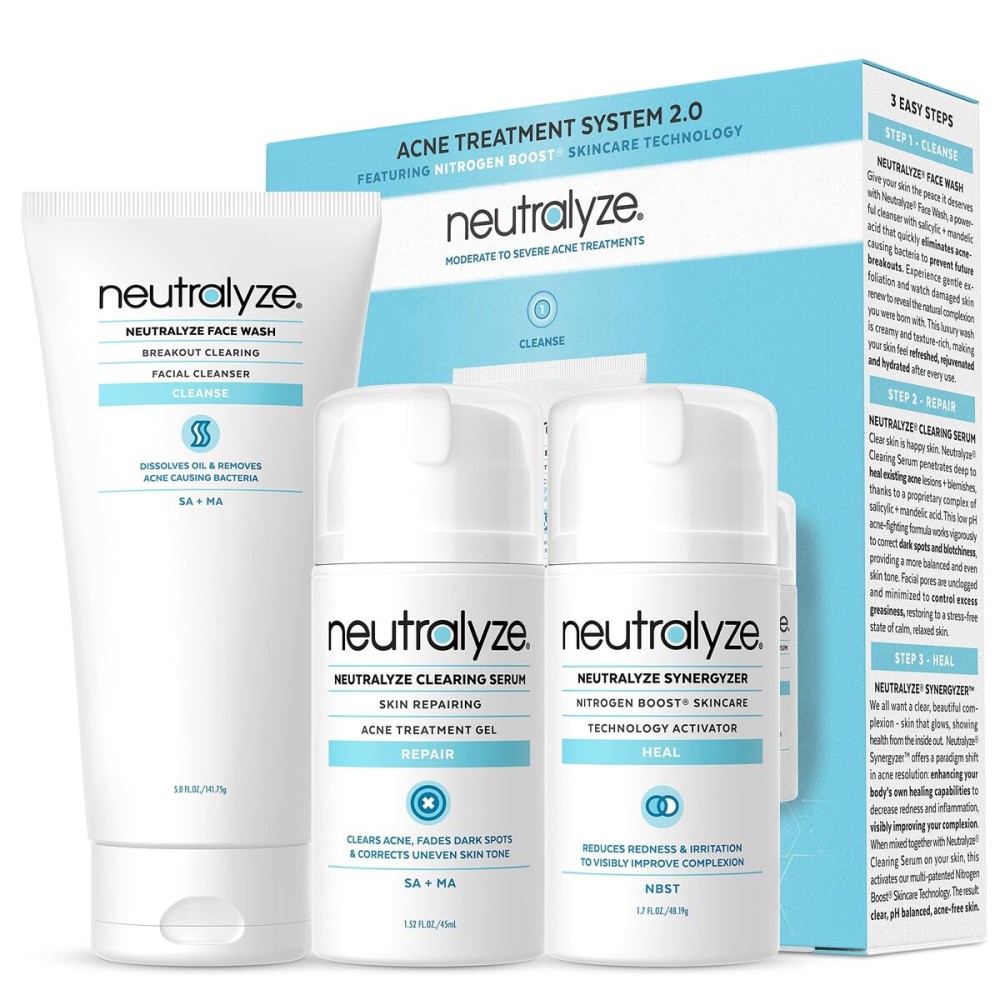Neutralyze Moderate to Severe Acne Treatment Kit 2.0 - Maximum Strength 3 Step Acne Kit with 2% Salicylic Acid, 2% Mandelic Acid & Nitric Oxide - Includes Face Wash, Clearing Serum & Synergyzer
