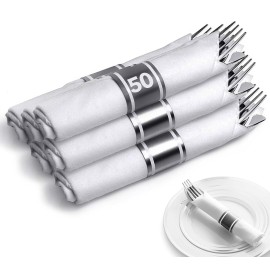 Pre Rolled Plastic Silverware Sets for Parties (50 Pack) Silver Cutlery Set, Disposable Spoons, Forks, Knives, Napkins Prewrapped, Heavy Duty Utensils Individually Wrapped for Wedding, Thanksgiving