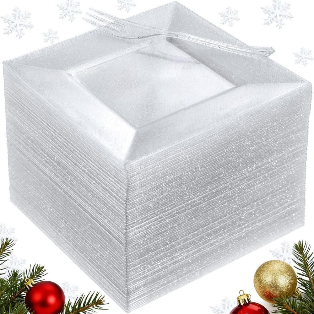 DaYammi 200Pcs Dessert Plates Set Including:100Pcs Cake Plates 6 with 100Pcs Silver Forks 5.7- Silver Glitter Disposable Square Plate, Appetizer Plates and Forks Combo Bulk Set for Christmas Party