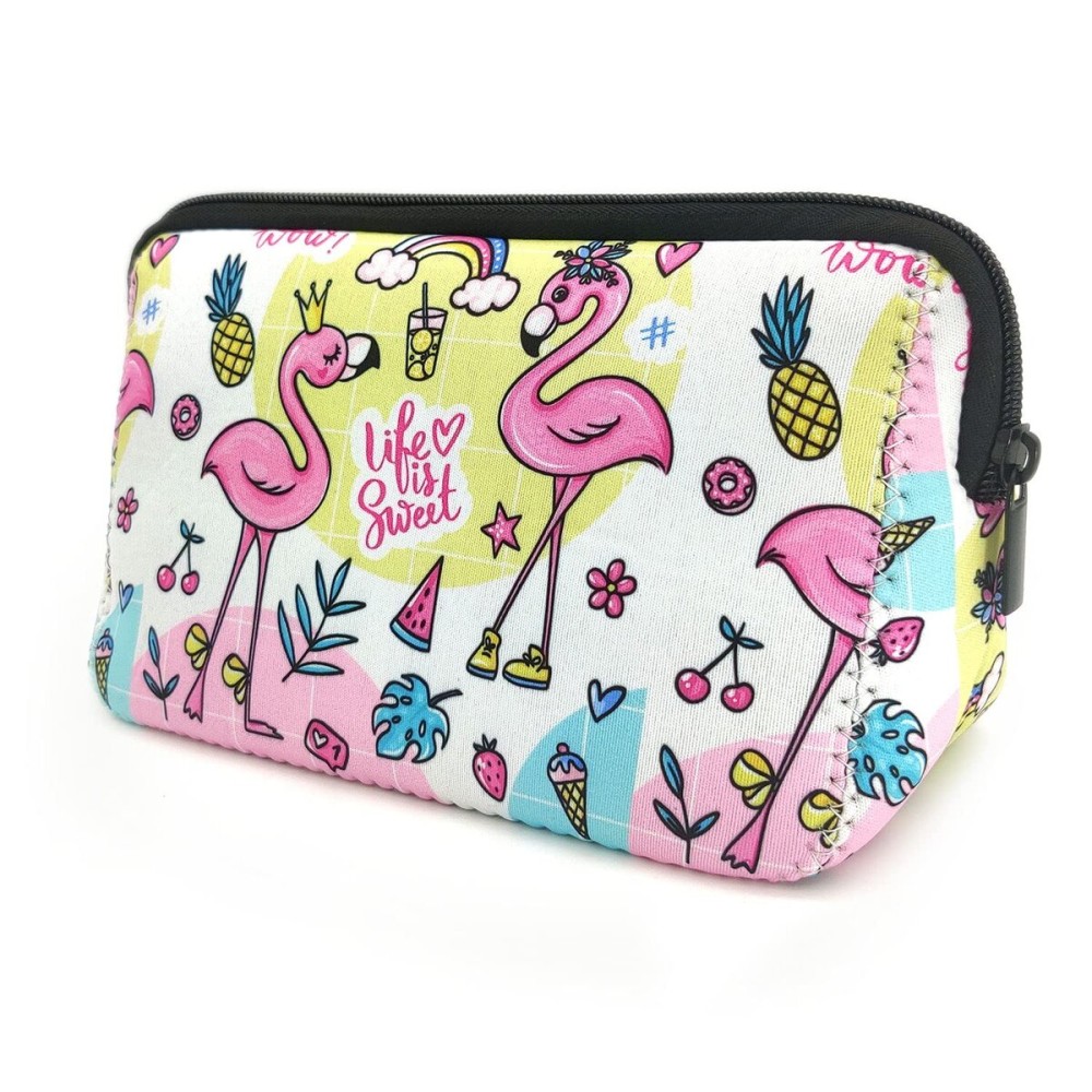 AJLTPA Cosmetic Bag Waterproof Neoprene Zipper Pouch Travel Portable Toiletry Makeup Bags Organizer Case for Women and Girls, Cute Flamingo