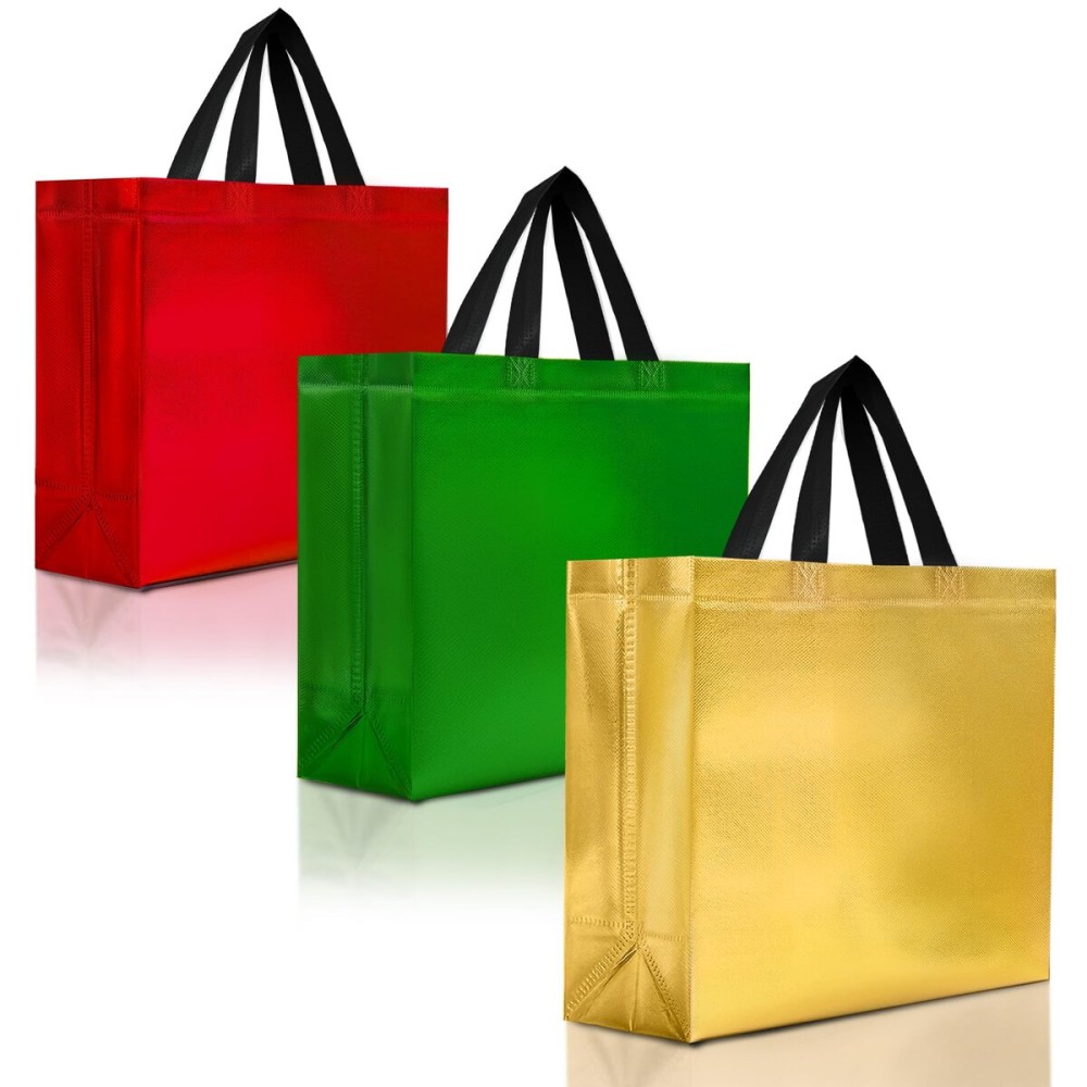 Nush Nush Large Christmas Gift Bags with Handles - Set of 12, 3 Colors (4 Each of Red, Yellow, and Green) Christmas Bags - Ideal Large Gift Bag for Presents, Holiday GIfts, Office Party - 13x5x11 Size