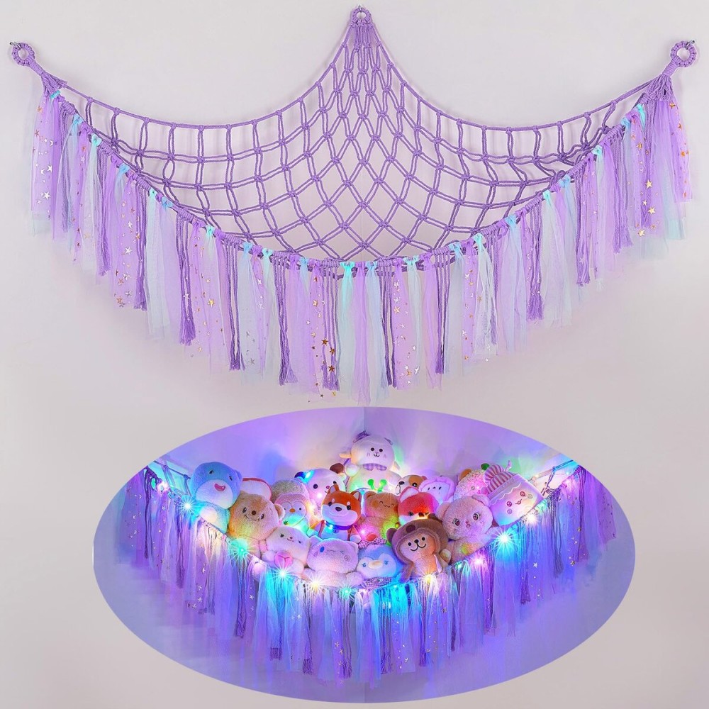 FIOBEE Stuffed Animals Net or Hammock with LED Light, Toy Hammock Hanging Stuffed Animals Storage Organizer Holder Room Dcor for Nursery Kids Bedroom