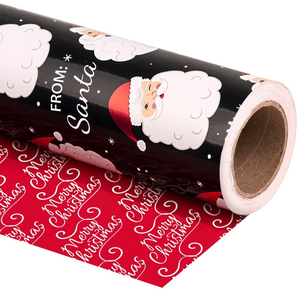 WRAPAHOLIC Reversible Vintage Christmas Wrapping Paper - Mini Roll - 17 Inch x 33 Feet - Black Jolly Santa Wrapping Paper and Red Merry Christmas Design with Metallic Foil Shine for Holiday, Party