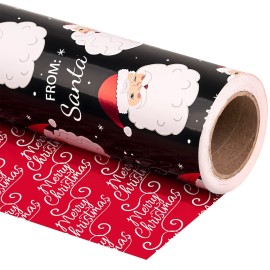WRAPAHOLIC Reversible Vintage Christmas Wrapping Paper - Mini Roll - 17 Inch x 33 Feet - Black Jolly Santa Wrapping Paper and Red Merry Christmas Design with Metallic Foil Shine for Holiday, Party