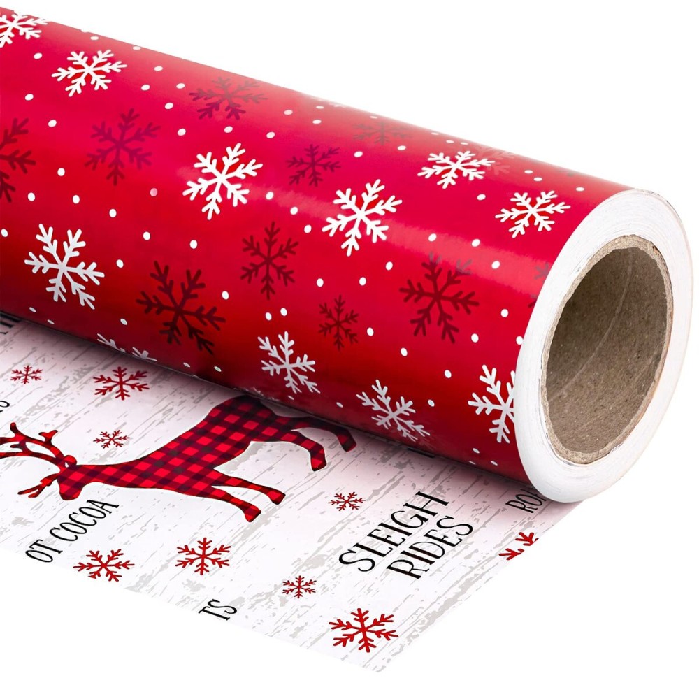 WRAPAHOLIC Reversible Christmas Wrapping Paper Roll - Mini Roll - 17 Inch x 33 Feet - Red White Reindeer and Snowflake Wrapping Paper for Christmas, Holiday, Party