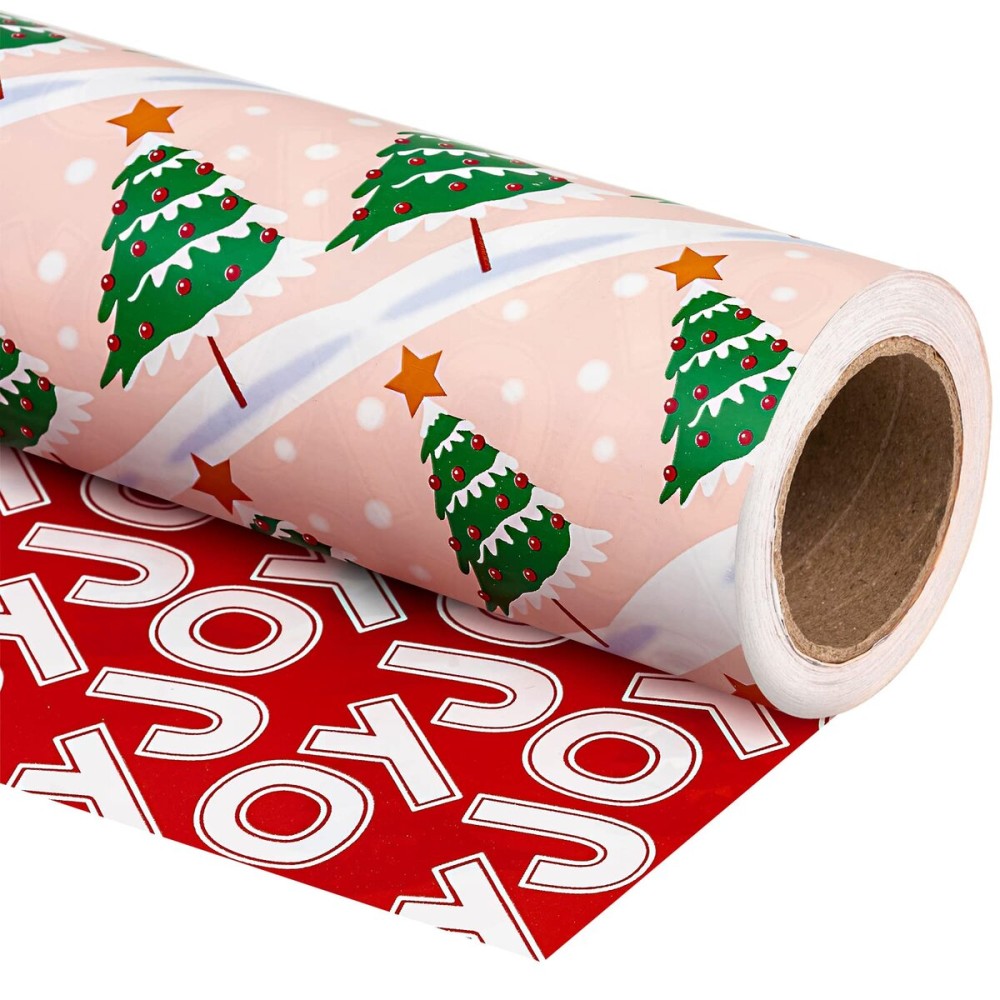 WRAPAHOLIC Reversible Christmas Wrapping Paper - Mini Roll - 17 Inch x 33 Feet - Christmas Tree Wrapping Paper with Joy Lettering Perfect for Holiday, Party, Celebration
