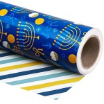 WRAPAHOLIC Reversible Hanukkah Wrapping Paper - Mini Roll - 17 Inch x 33 Feet - Blue Gold White Menorahs and Stripe Chanukah Wrapping Paper Perfect for Hanukkah, Chanukah, Holiday