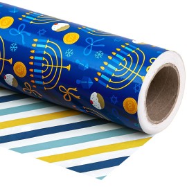 WRAPAHOLIC Reversible Hanukkah Wrapping Paper - Mini Roll - 17 Inch x 33 Feet - Blue Gold White Menorahs and Stripe Chanukah Wrapping Paper Perfect for Hanukkah, Chanukah, Holiday