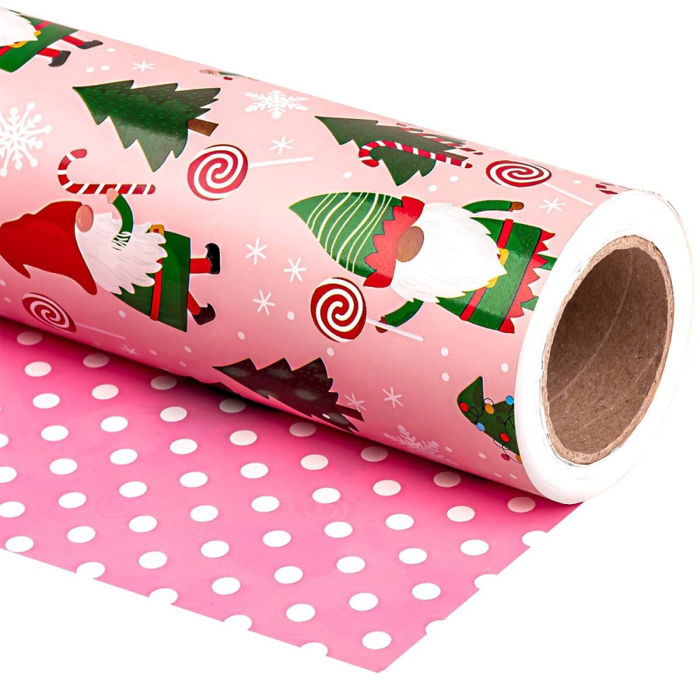 WRAPAHOLIC Reversible Gnome Christmas Wrapping Paper - Mini Roll - 17 Inch x 33 Feet - RRed Green Gnome Wrapping Paper and Pink White Polka Dots for Christmas, Holiday, Party