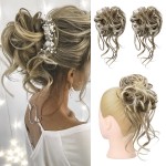HOOJIH 2 Pack Curly Wavy Messy Bun Hair Extensions, Light Ash Brown with Blonde Mixed, Heat Resistant Fiber, Easy Clip-In Installation