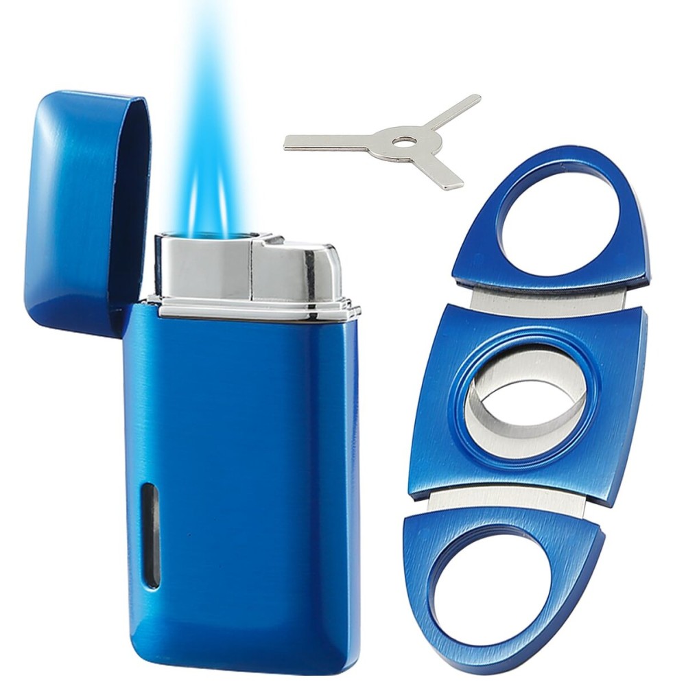 Bbsisgo Lighter and Cutter Set, Double Jet Flame Butane Torch Lighter with Adjustment Tools, Refillable Windproof Gas Lighter. Blue.(Sold Without Gas)