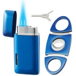 Bbsisgo Lighter and Cutter Set, Double Jet Flame Butane Torch Lighter with Adjustment Tools, Refillable Windproof Gas Lighter. Blue.(Sold Without Gas)