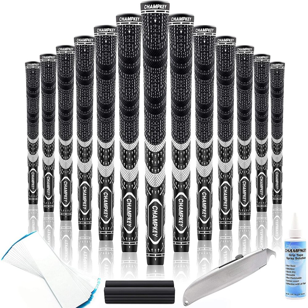 CHAMPKEY Premium Hybrid Golf Grips 13 Pack with All Repair Kits - All Weather Performance Golf Club Grips - High Traction and Control Half Corded Golf Grips for Men(Black,Oversize)