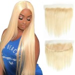 613 Straight Frontal 13x4 Transparent HD Lace Frontal Closure Ear To Ear Blonde 12A Brazilian Virgin Remy Human Hair Extension 100% Russian Blonde Human Hair Free Part Pre Plucked 20 Inch