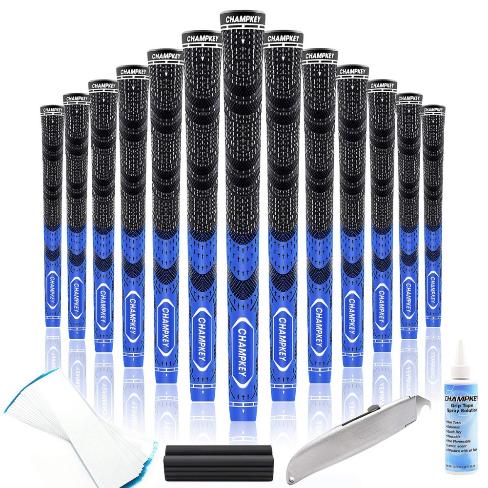 CHAMPKEY Premium Hybrid Golf Grips 13 Pack with All Repair Kits - All Weather Performance Golf Club Grips - High Traction and Control Half Corded Golf Grips for Men(Blue,Oversize)