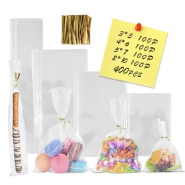 400 PCS Clear Flat Cellophane Treat Bags with 3x5,4x6,5x7,2x10,Treat Bags with Ties are Good for Pretzel Rods,Bakery, Cookies, Candies,Dessert.