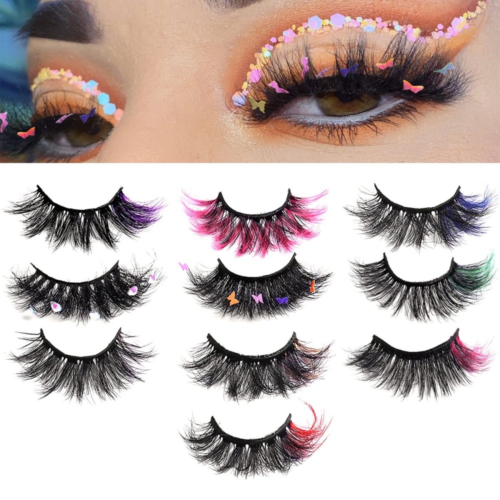 outopen 10 Pairs Lashes with Color on End, Colored Lashes Set, 6D Long Fluffy Mink False Eyelashes with Rhinestone, Dramatic Butterfly Lashes, Halloween Cosplay Masquerade Party Daily Eye Makeup Tools