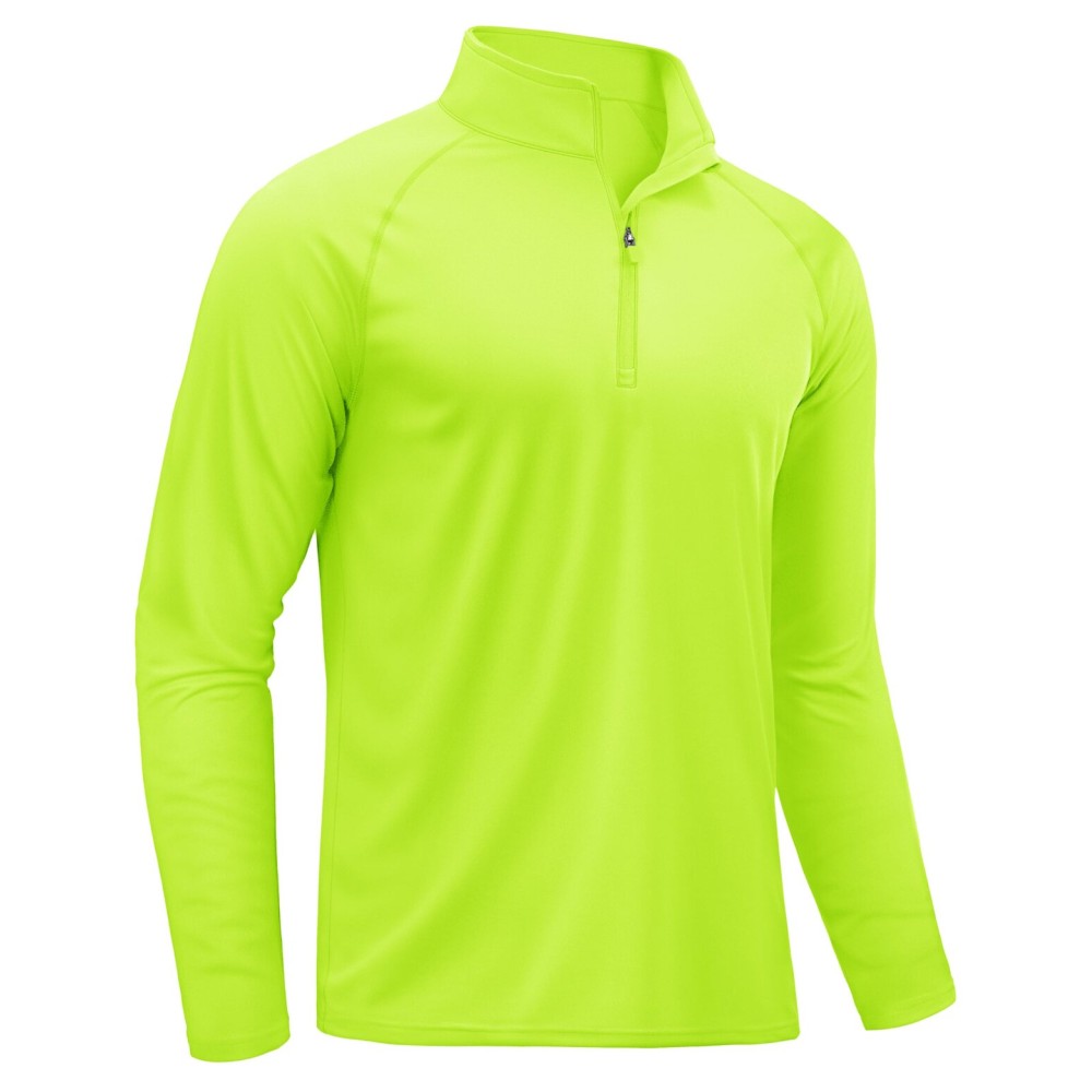 TACVASEN Men Long Sleeve Swim Shirts Sun Protection Quick Dry 1/4 Zip Pullover Running Workout Shirts Fluorescent Green L