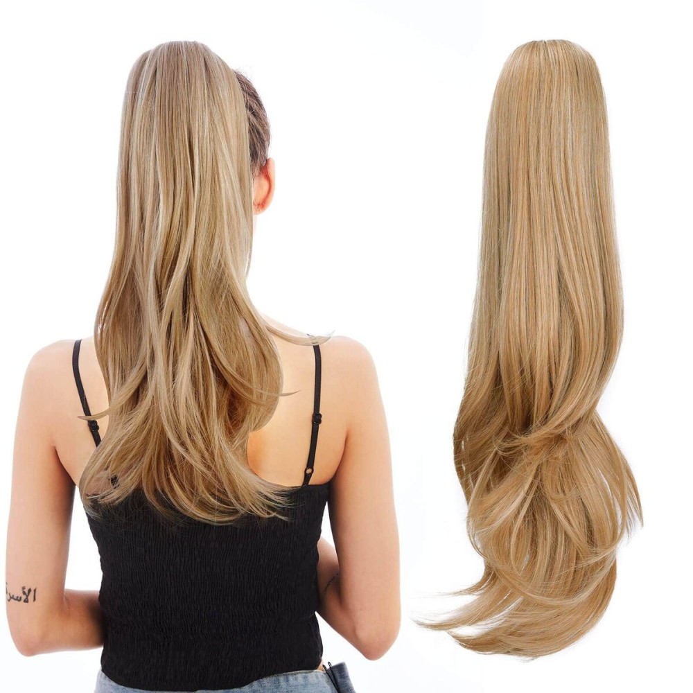 HEWEICSY Ponytail Extension,Hair Extension Ponytail 20 Long Claw Hair Extension Synthetic Wavy Straight Hairpieces Ponytail Clip in Ponytail Wig Daily Fluffy Pony Tail for Women(Blonde)
