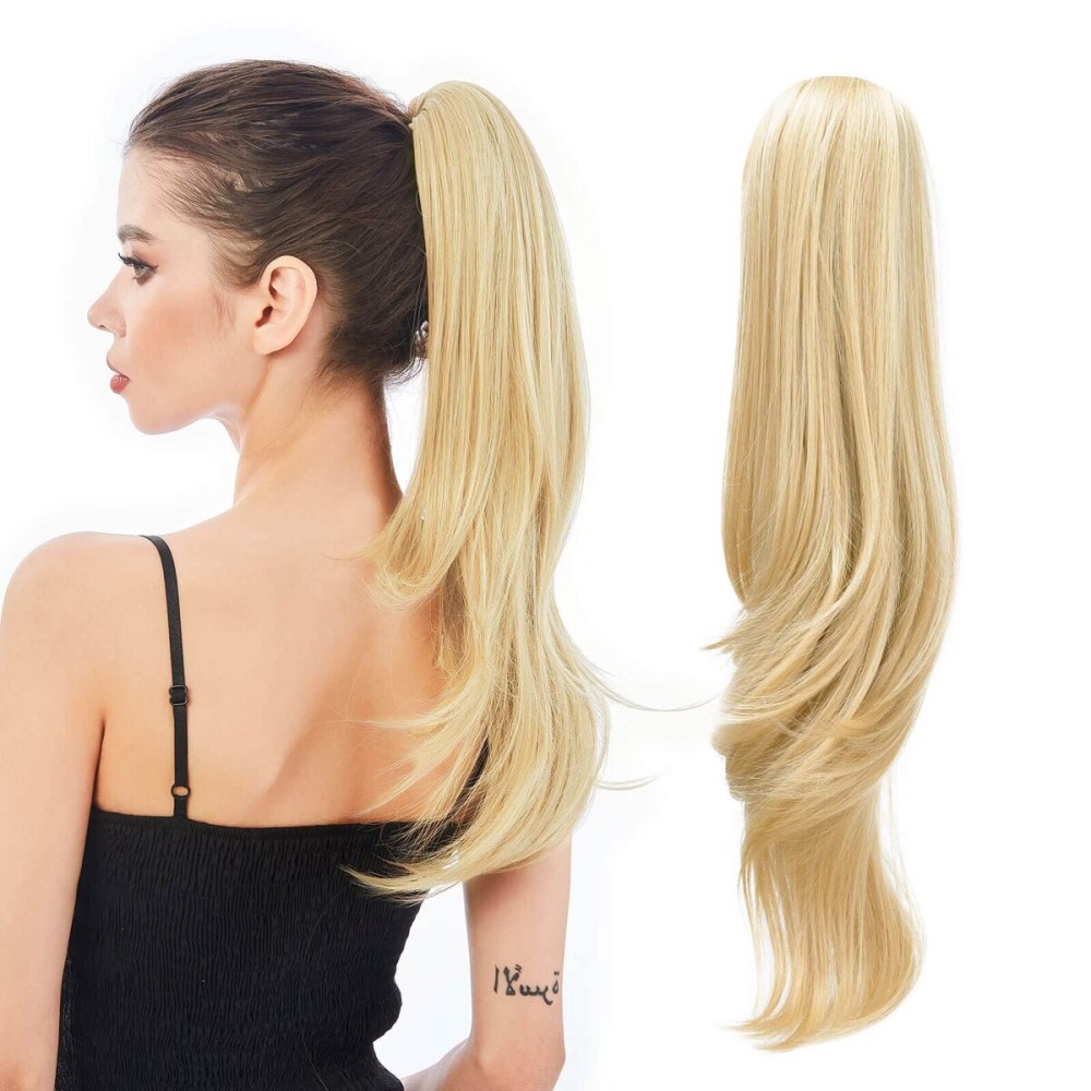 HEWEICSY Ponytail Extension,Hair Extension Ponytail 20 Long Claw Hair Extension Synthetic Wavy Straight Hairpieces Ponytail Clip in Ponytail Wig Daily Fluffy Pony Tail for Women(Light Honey Blonde)