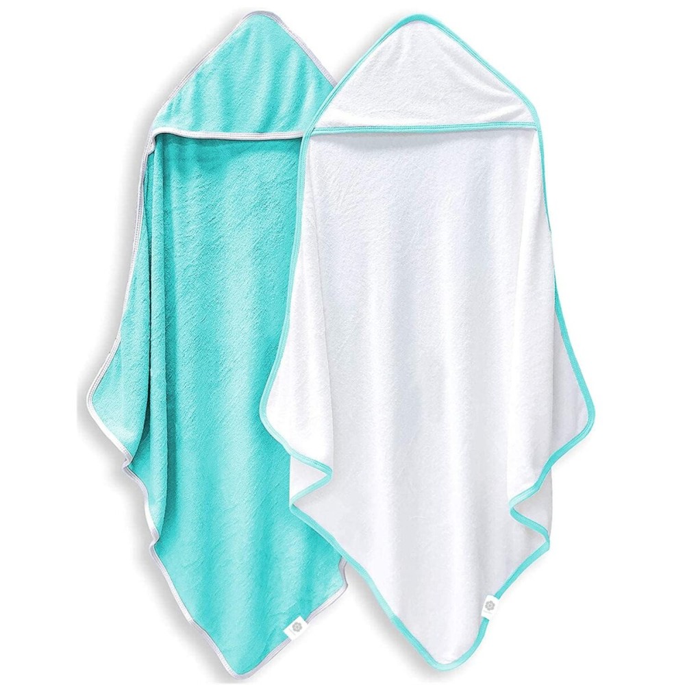 BAMBOO QUEEN 2 Pack Baby Bath Towel - Rayon Made from Bamboo, Ultra Absorbent - Ultra Soft Hooded Towels for Kids - X Large Size for 0-7 Yrs (White and Malachite, 37.5 x 37.5 Inch)