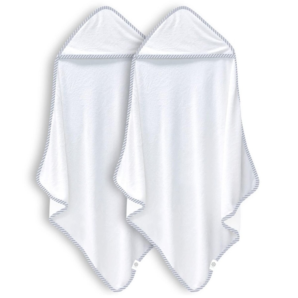 BAMBOO QUEEN 2 Pack Baby Bath Towel - Rayon Made from Bamboo, Ultra Soft Hooded Towels for Kids - X Large Size for 0-7 Yrs (White and Stripe, 37.5 x 37.5 Inch)