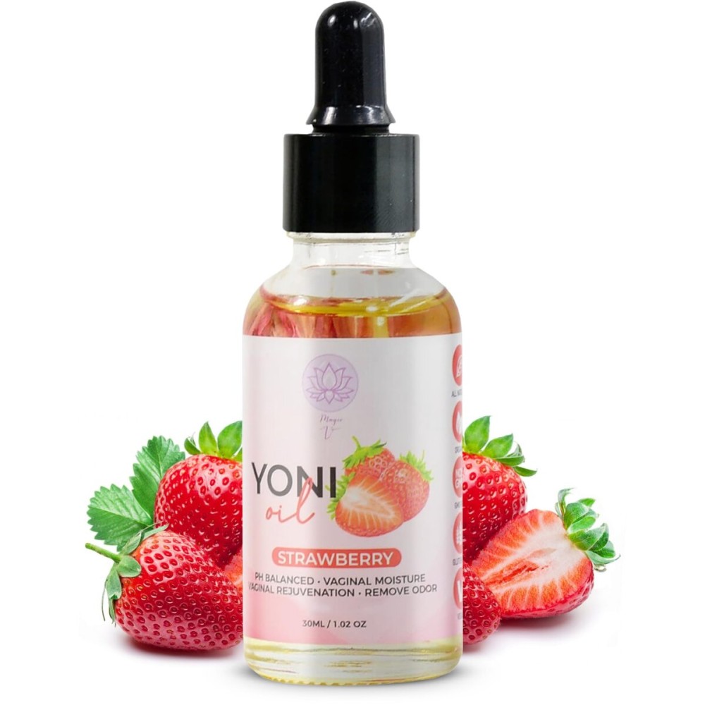 Magic V Yoni Oil for Women - Organic Feminine Care Vaginal Moisturizer, pH Balance & Odor Control, Soothes Ingrown Hair & Razor Bumps - Strawberry Scent