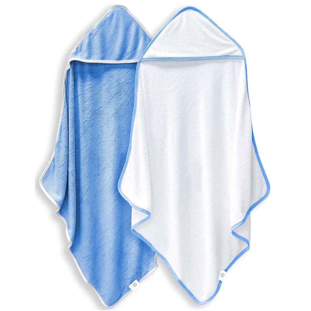 BAMBOO QUEEN 2 Pack Baby Bath Towel - Rayon Made from Bamboo, Ultra Soft Hooded Towels for Kids - X Large Size for 0-7 Yrs (White and Navy Blue, 37.5 x 37.5 Inch)