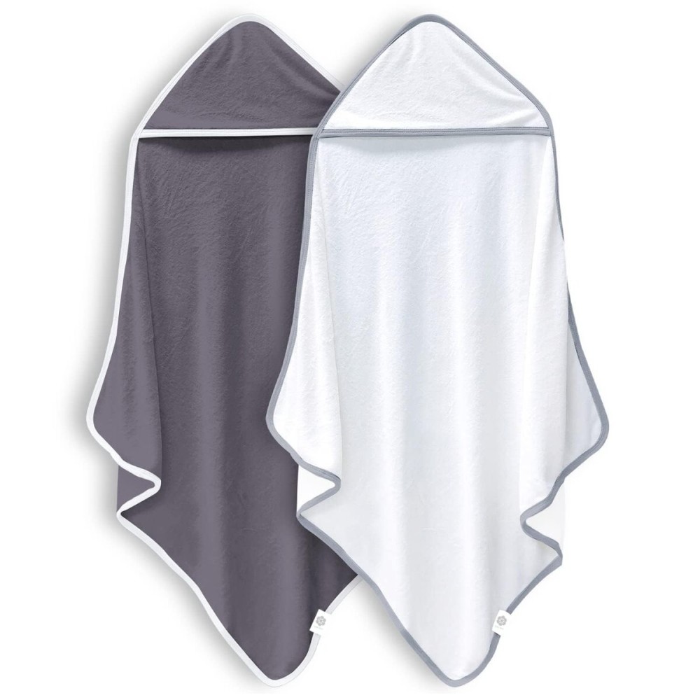 2 Pack Baby Bath Towel Rayon Made from Bamboo (White and Dark Grey, 37.5 x 37.5 Inch)
