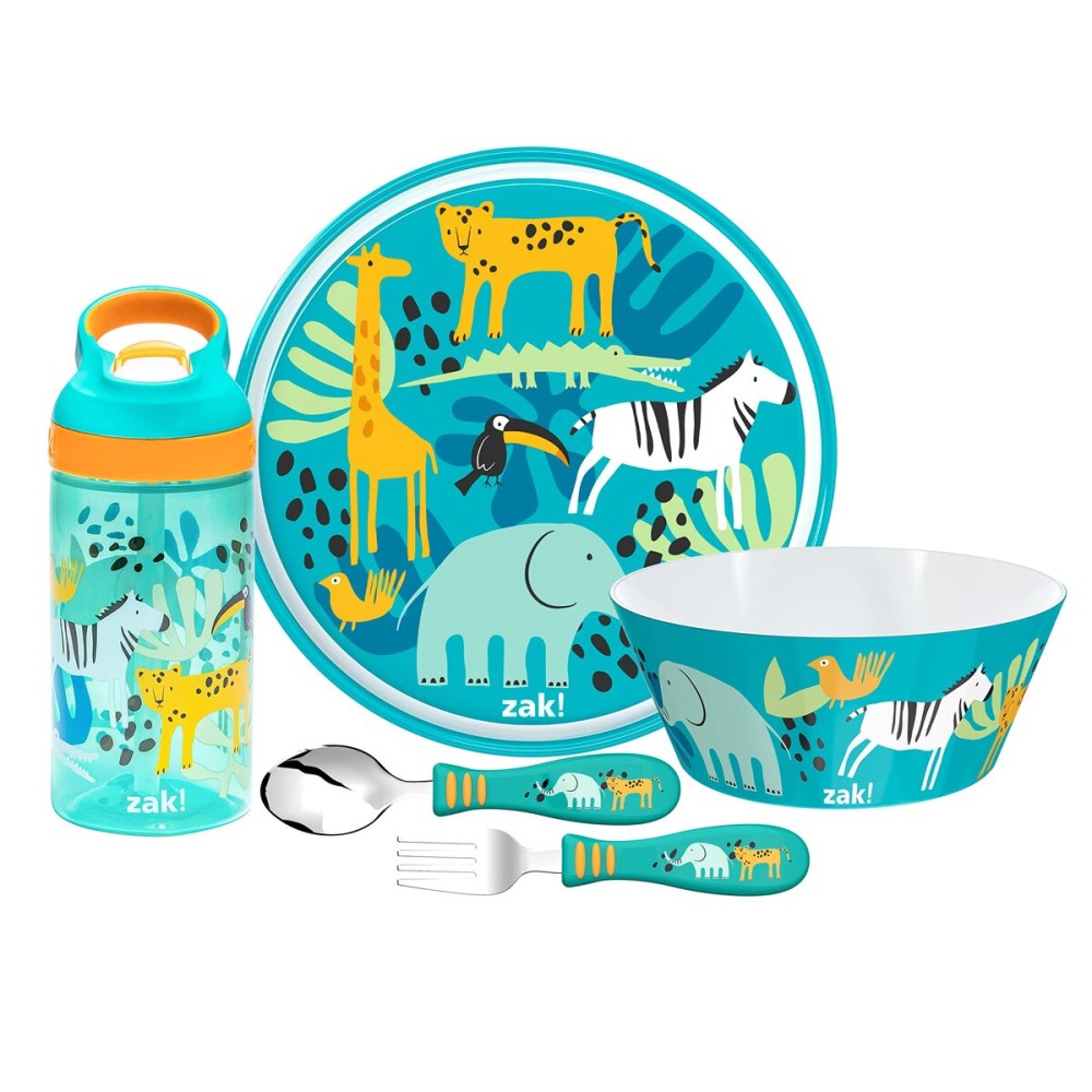 Zak Designs 5-Piece Dinnerware Set, Safari - Durable Plastic & Stainless Steel - Includes Water Bottle, 8-Inch Plate, 6-Inch Bowl, Fork & Spoon - Suitable for Kids Ages 3+
