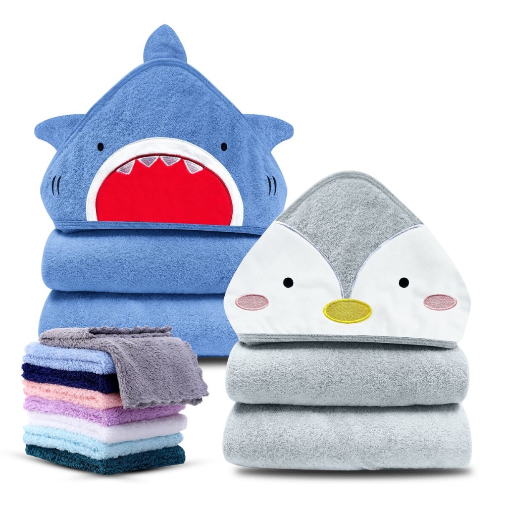 Cute Castle 2 Pack Hooded Baby Towel Rayon Made from Bamboo with 8 Washcloths - Soft Bath Towel for Bathtub for Babie, Newborn, Infant, Natural Baby Stuff Towel (Shark and Penguin)