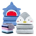 Cute Castle 2 Pack Hooded Baby Towel Rayon Made from Bamboo with 8 Washcloths - Soft Bath Towel for Bathtub for Babie, Newborn, Infant, Natural Baby Stuff Towel (Shark and Penguin)