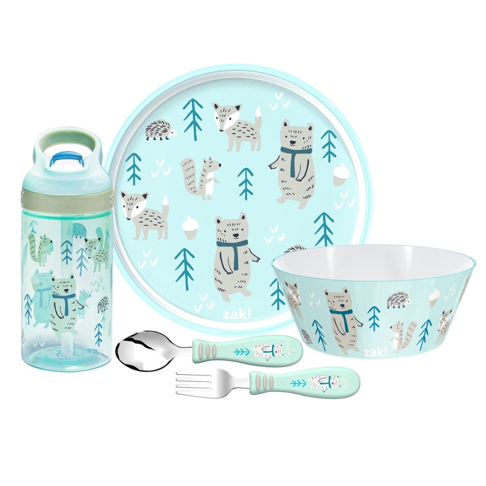 Zak Designs 5-Piece Dinnerware Set, Forest Friends - Durable Plastic & Stainless Steel - Includes Water Bottle, 8-Inch Plate, 6-Inch Bowl, Fork & Spoon - Suitable for Kids Ages 3+