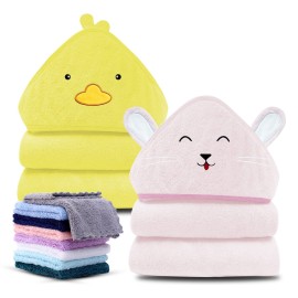Cute Castle 2 Pack Hooded Baby Towel Rayon Made from Bamboo with 8 Washcloths - Soft Bath Towel for Bathtub for Babie, Newborn, Infant, Natural Baby Stuff Towel (Duck and Rabbit)