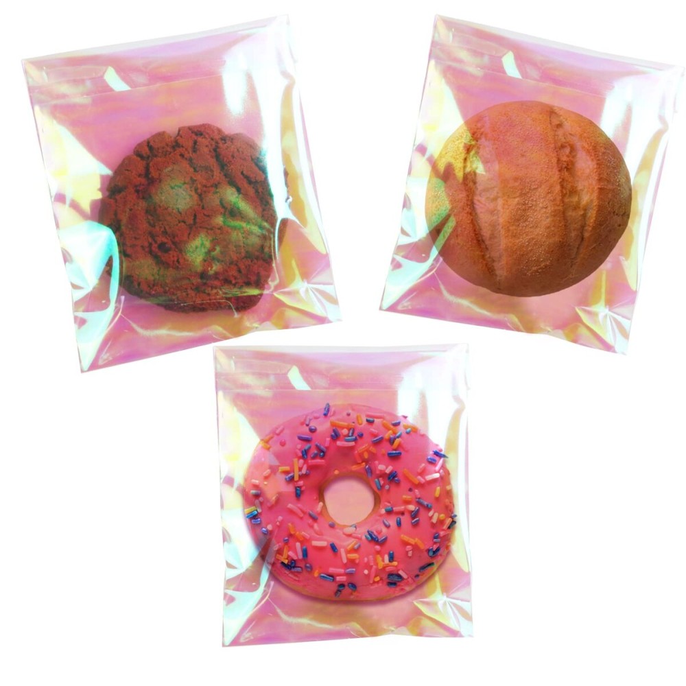 SUREHOME Cookie Bags with Seal 100 Pcs 5x6 In Iridescent Holographic Self Sealing Cellophane Treat Bags Pink Resealable Individual Cookie Bag for Gift Giving Valentine Candy Packaging Goodie Wrappers