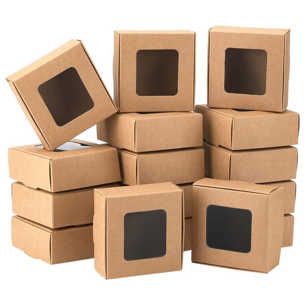 BENECREAT 28 Packs Kraft Paper Box with Clear Windows, 3.4x3.4x1.4Inches Paper Gift Box for Party Favor Treats Bakery, Festival Gift Packaging
