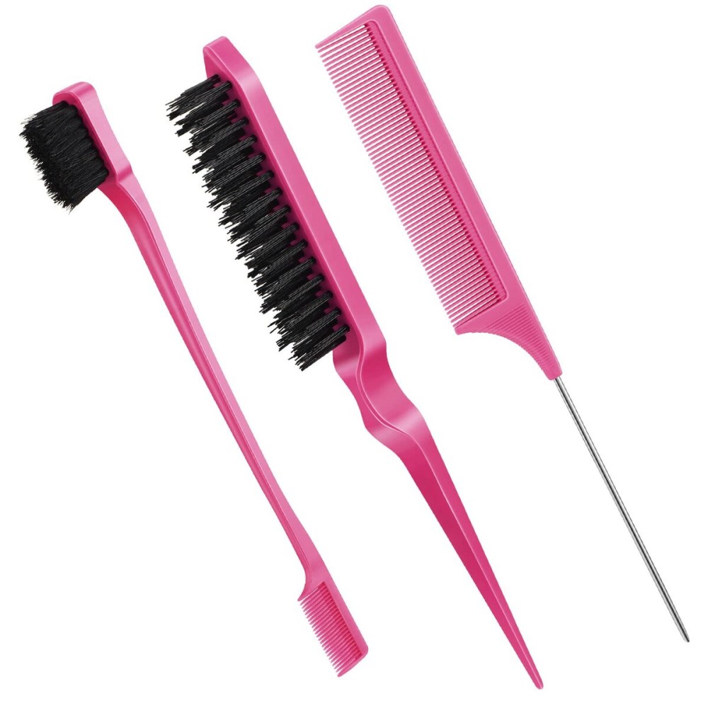 Geiserailie 3 Pcs Slick Back Hair Brush Set Bristle Brush Edge Control Teasing Comb for Women Black Hair(Rose Red)