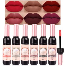 evpct 6Pcs Wine Bottle Lip Tint Stain Set Long Lasting Lipstick 24 hour Waterproof for Women, Ruby Dark Deep Rose Red Plum Purple Brown Matte Lipstick 24 Hours Lipsticks Lip Liner Stain Peel off