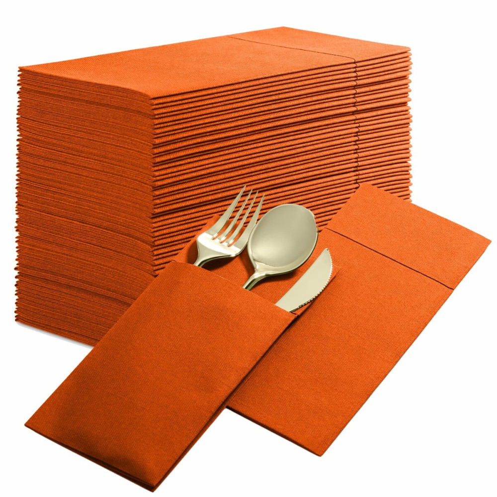 50-Pack Disposable Linen-Feel Dinner Napkins with Built-in Flatware Pocket, ORANGE Prefolded Cloth Like Paper Napkins For Thanksgiving, Dinner, Wedding Or Party [Silverware NOT Included]