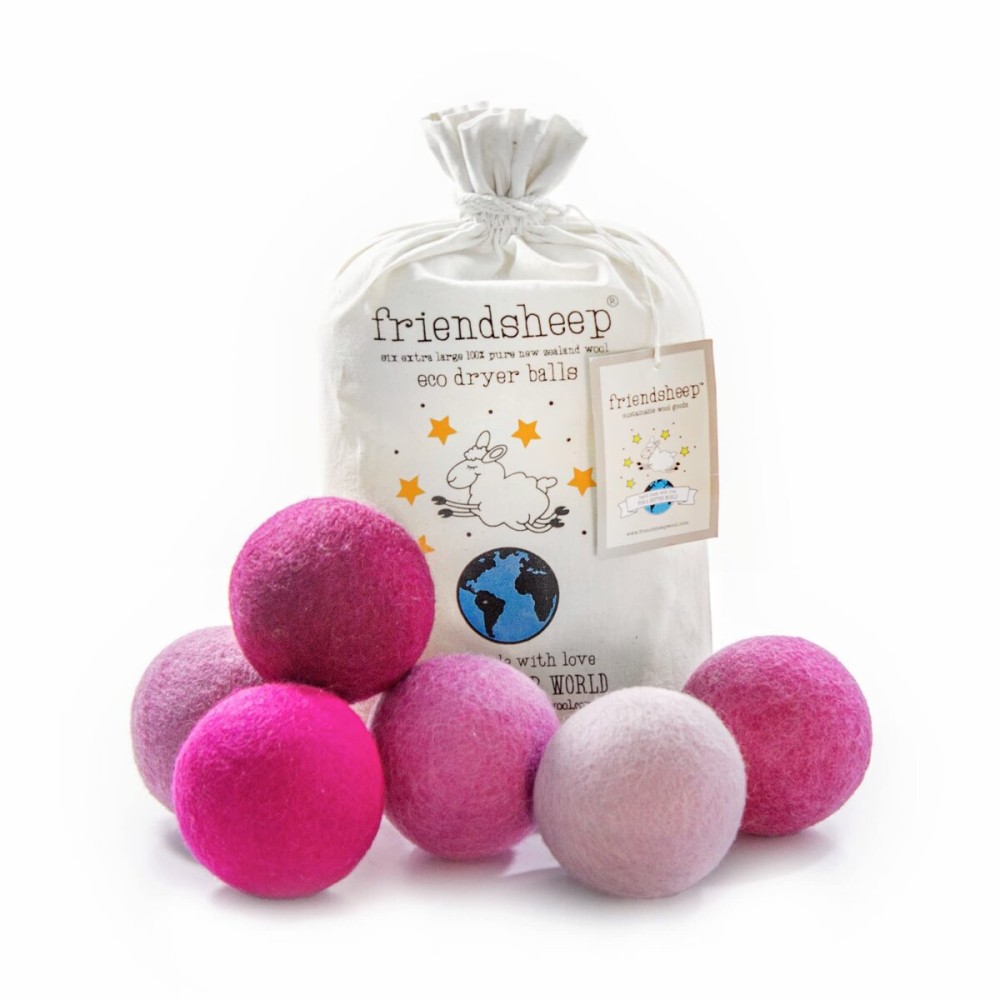 Friendsheep Wool Dryer Balls, Organic Reusable Fabric Softener Alternative for Laundry, Handmade, Fair Trade, Hypoallergenic, Eco-Friendly, Plastic-Free (6 Pack XL - Pink Valentine)