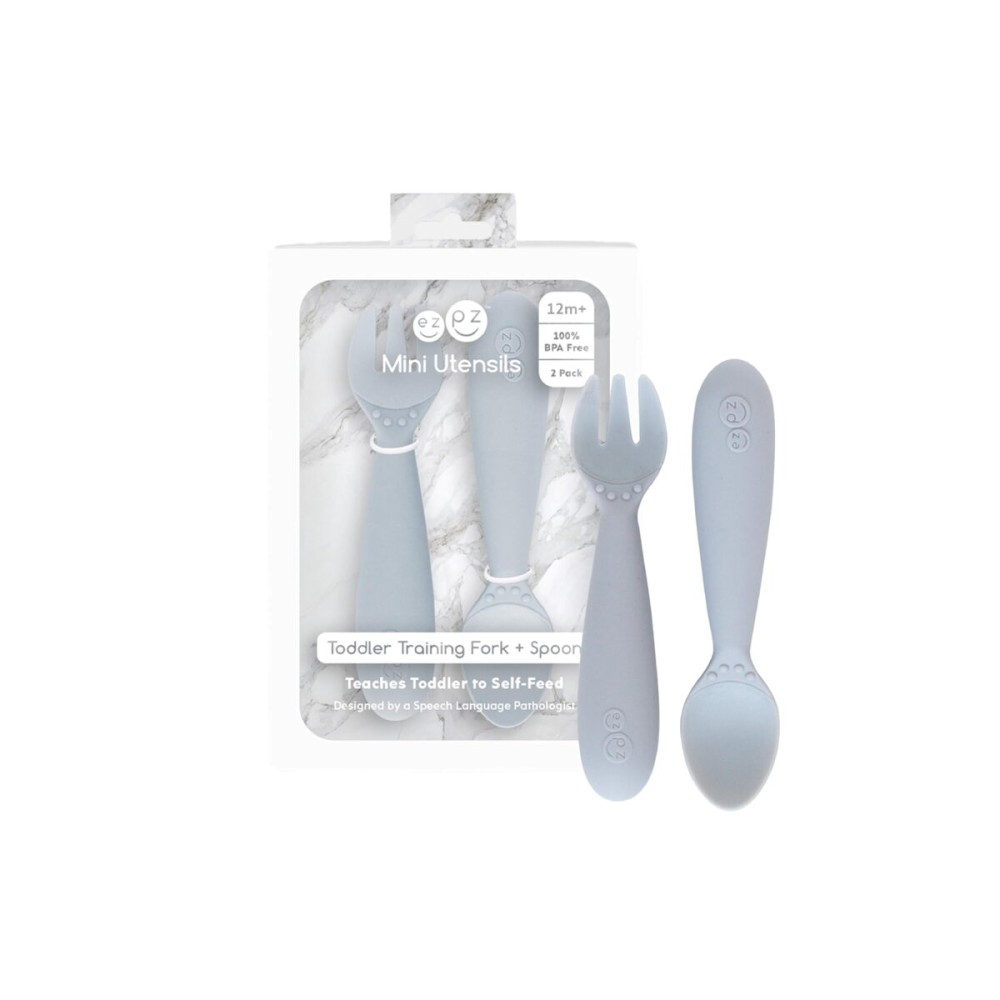 ezpz Mini Utensils - 12 Months+ (Fork & Spoon in Pewter) - 100% BPA Free Fork and Spoon - Toddler Utensils - Designed by a Pediatric Feeding Specialist