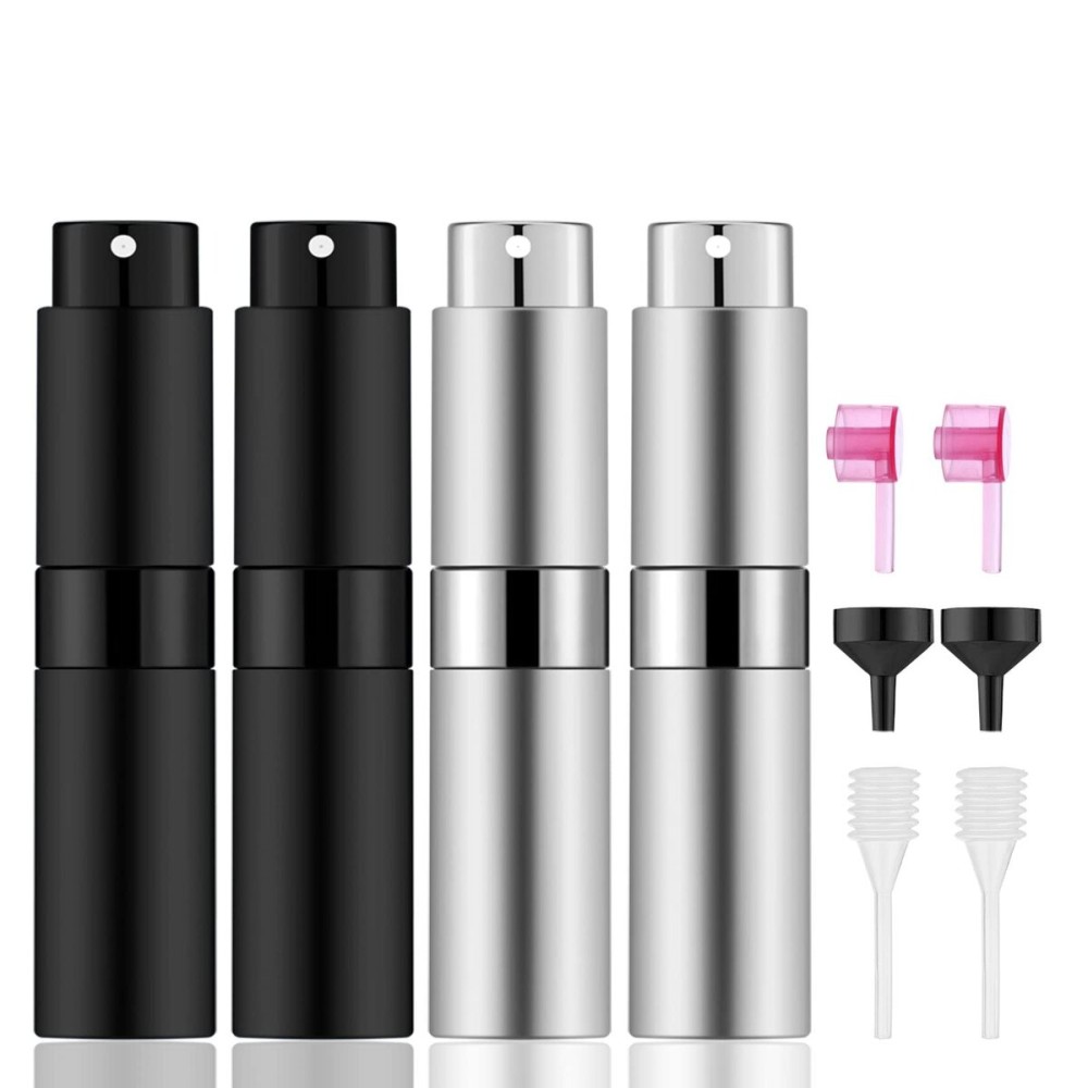 Lil Ray 8ml Portable Mini Perfume Atomizer(4 PCS)Refillable Empty Small Spray Bottle for Travel, Twist Type Pocket Cologne Sprayer (Matte Black&Silver)